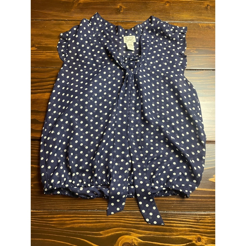 Eyelash Shirt Women's Size M Navy Blue White Polka Dots Semi-Sheer Ribbon Tie